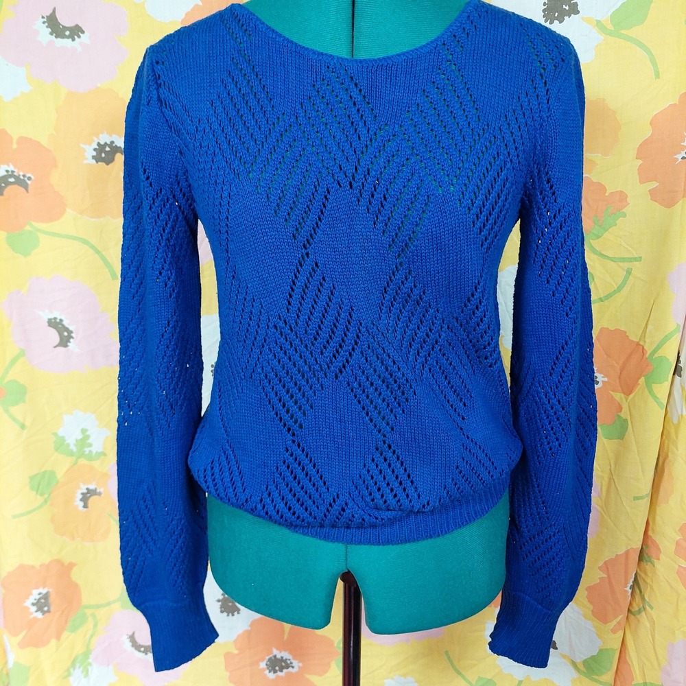 Vintage Pour le Chic 90s Royal Blue Open Weave Pointelle Diamond Knit Sweater
